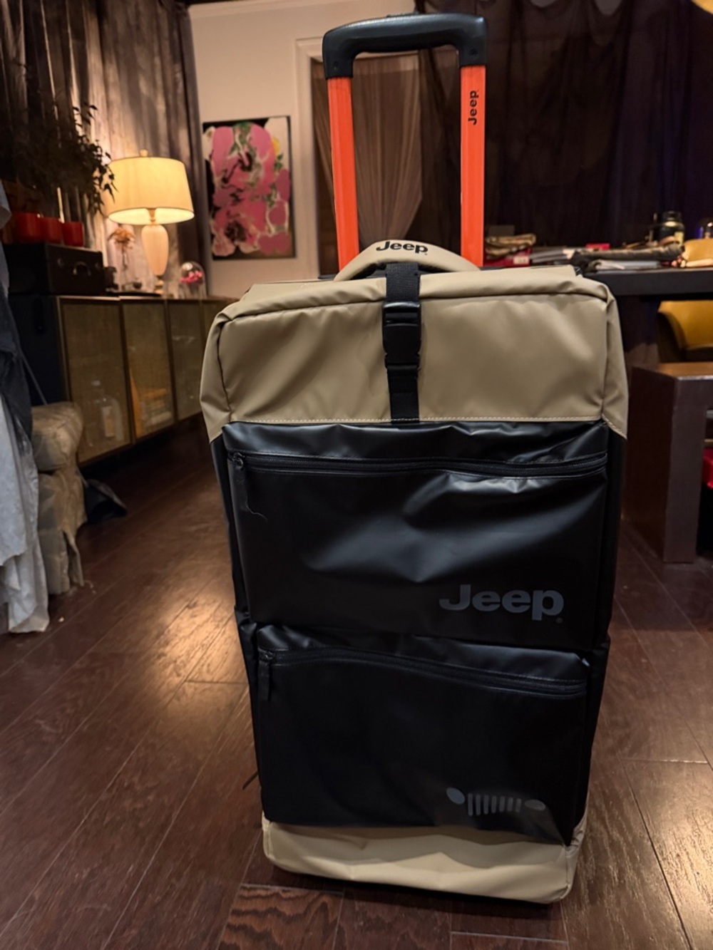 New  Two-Tone Beige and Black Rolling Travel Tote with Orange Handle